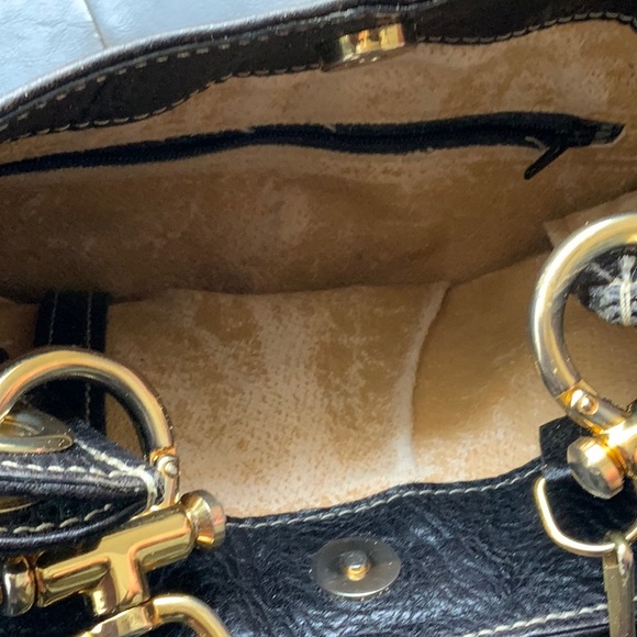 Black Leather Horse Bit Handbag with small attached bag inside and two handles. - Picture 5 of 8